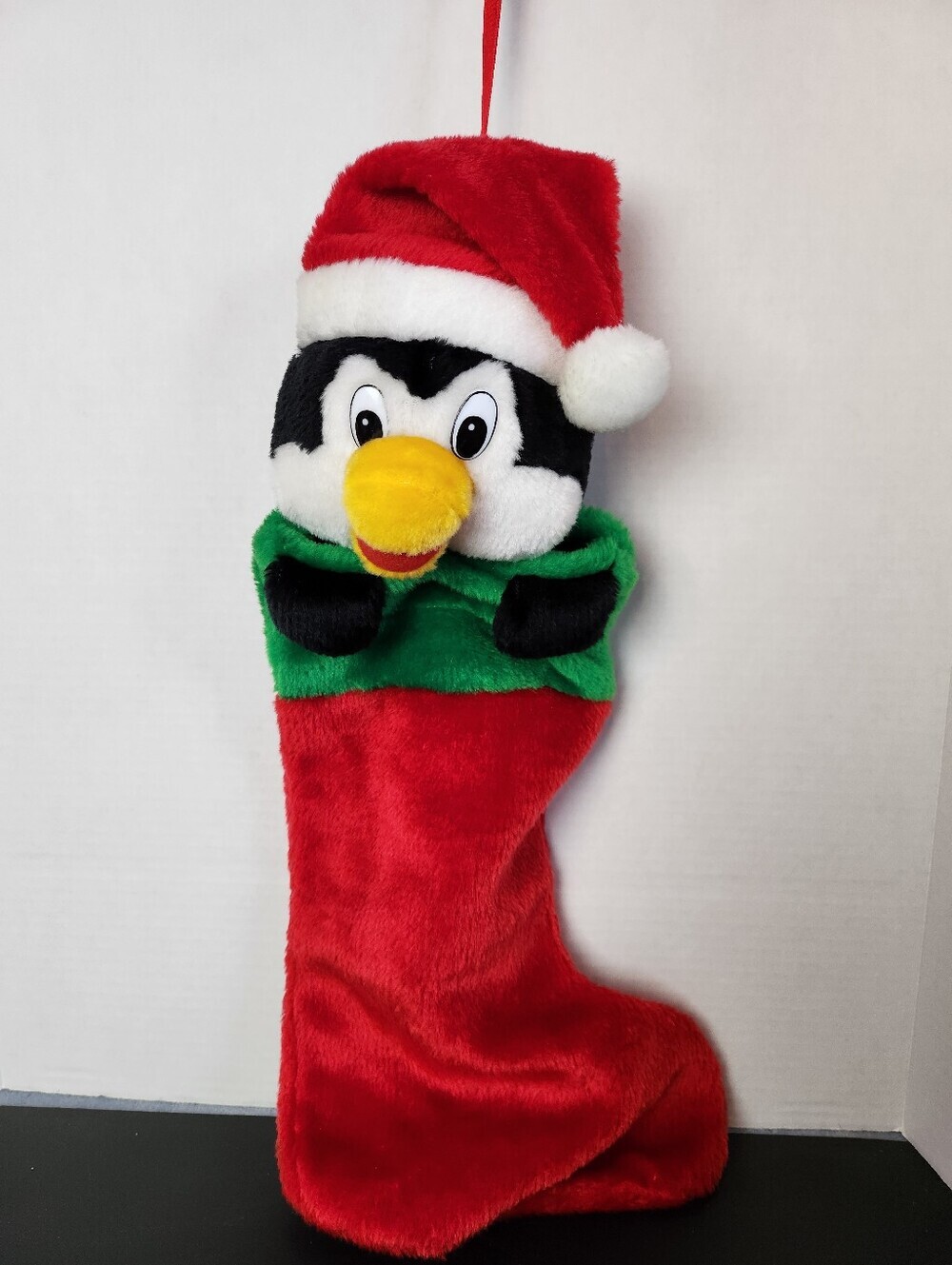 Plush Penguin Teddy Christmas Stocking with Santa Hat Vintage Retro